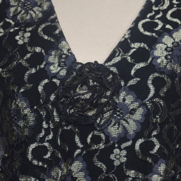 1980s Holly's Harp Ruffled Floral Dress Black Light Gold Tiered Party Dress S - Picture 3 of 7